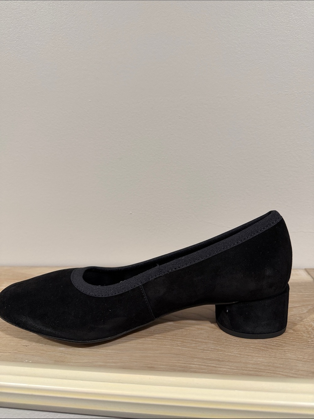 Black Suede Low Block Heel Pump with Rounded Toe